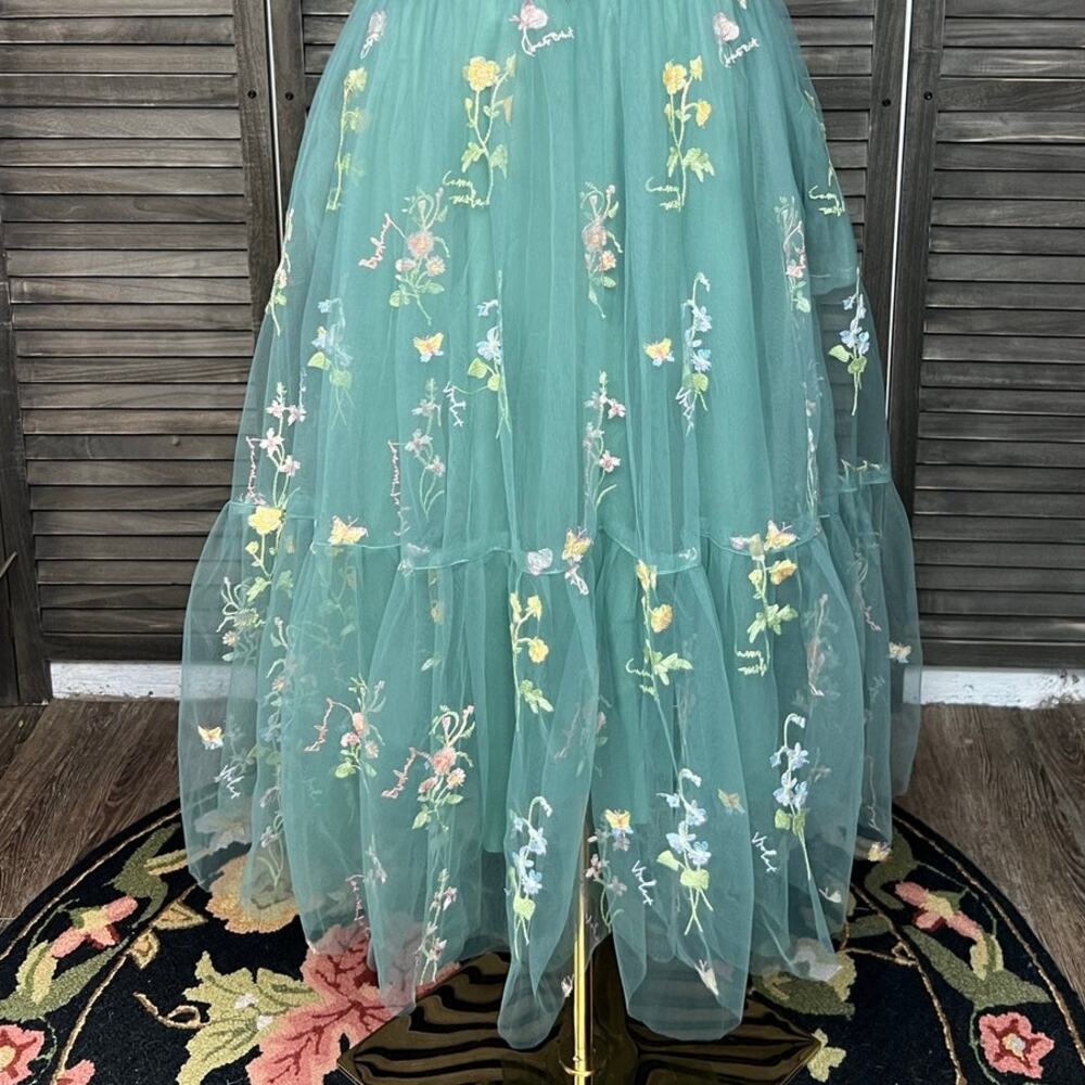 Teal Green Embroidered Floral Tulle Corset Midi Dress 10 Fairycore Formal - Picture 8 of 13